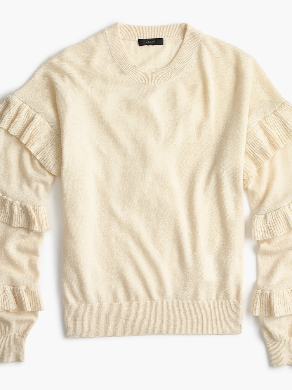 J.Crew Women’s Medium Wool Blend Ruffle Sleeve Sweater Ivory Cream Crewneck